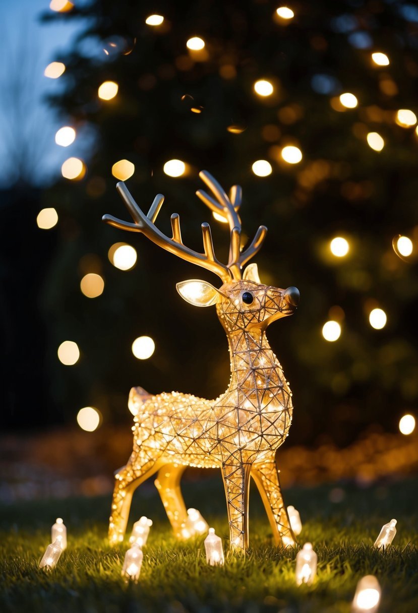 A reindeer-shaped Christmas decoration surrounded by 17 twinkling garden lights