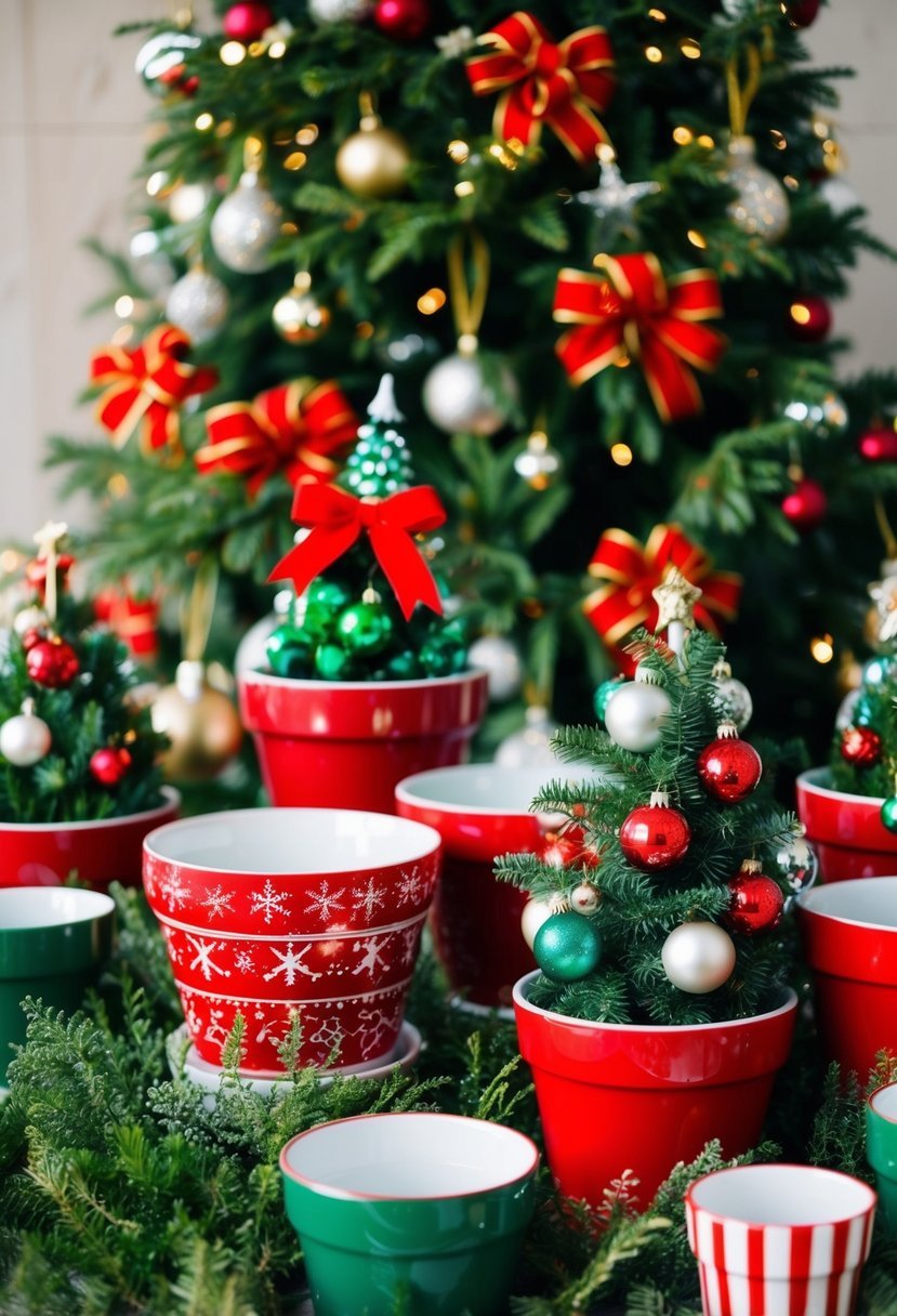 A festive array of plant pots adorned with Christmas-themed decorations and nestled among greenery