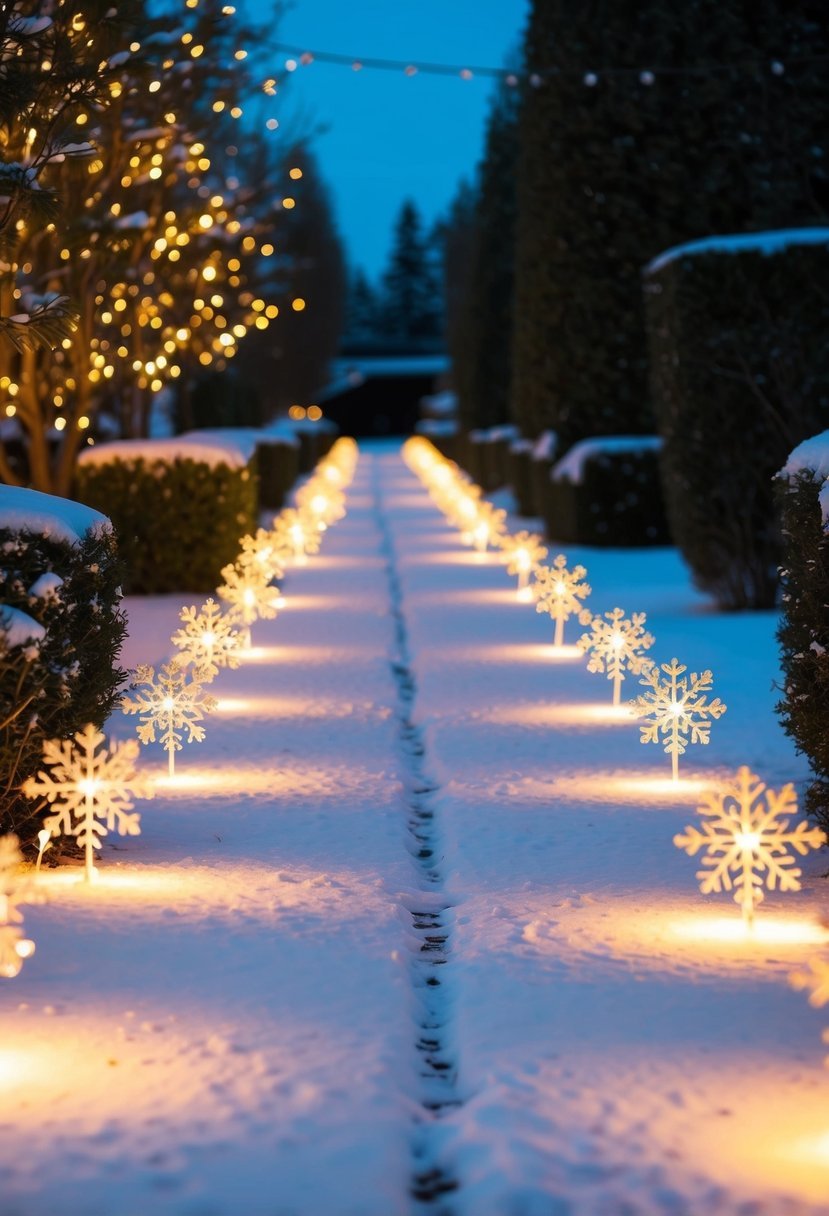 A snowy garden pathway lined with twinkling snowflake-shaped lights