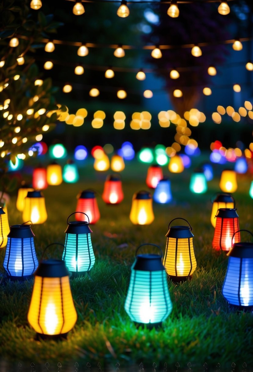 A garden filled with colorful solar-powered lanterns illuminating a festive Christmas display