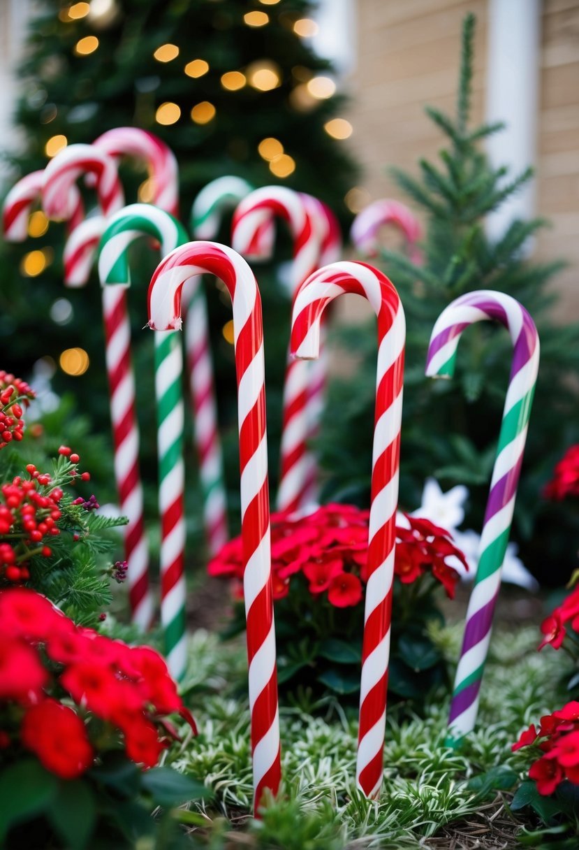 Colorful candy cane garden stakes arranged among festive holiday greenery and flowers