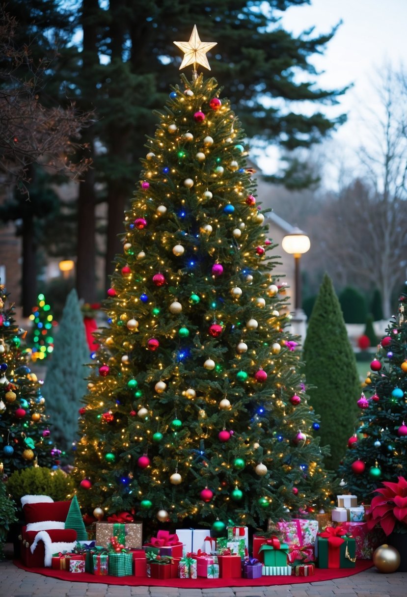 A tall outdoor Christmas tree adorned with colorful lights and surrounded by a variety of festive gardening decorations