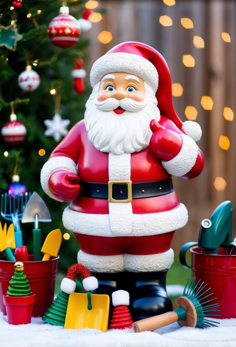 A jolly Santa Claus garden statue surrounded by festive Christmas decorations and colorful gardening tools