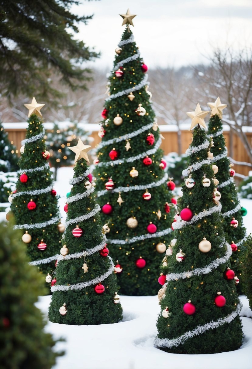 A cozy outdoor scene with 17 Christmas topiary trees, adorned with festive decorations, nestled amongst a snowy garden landscape