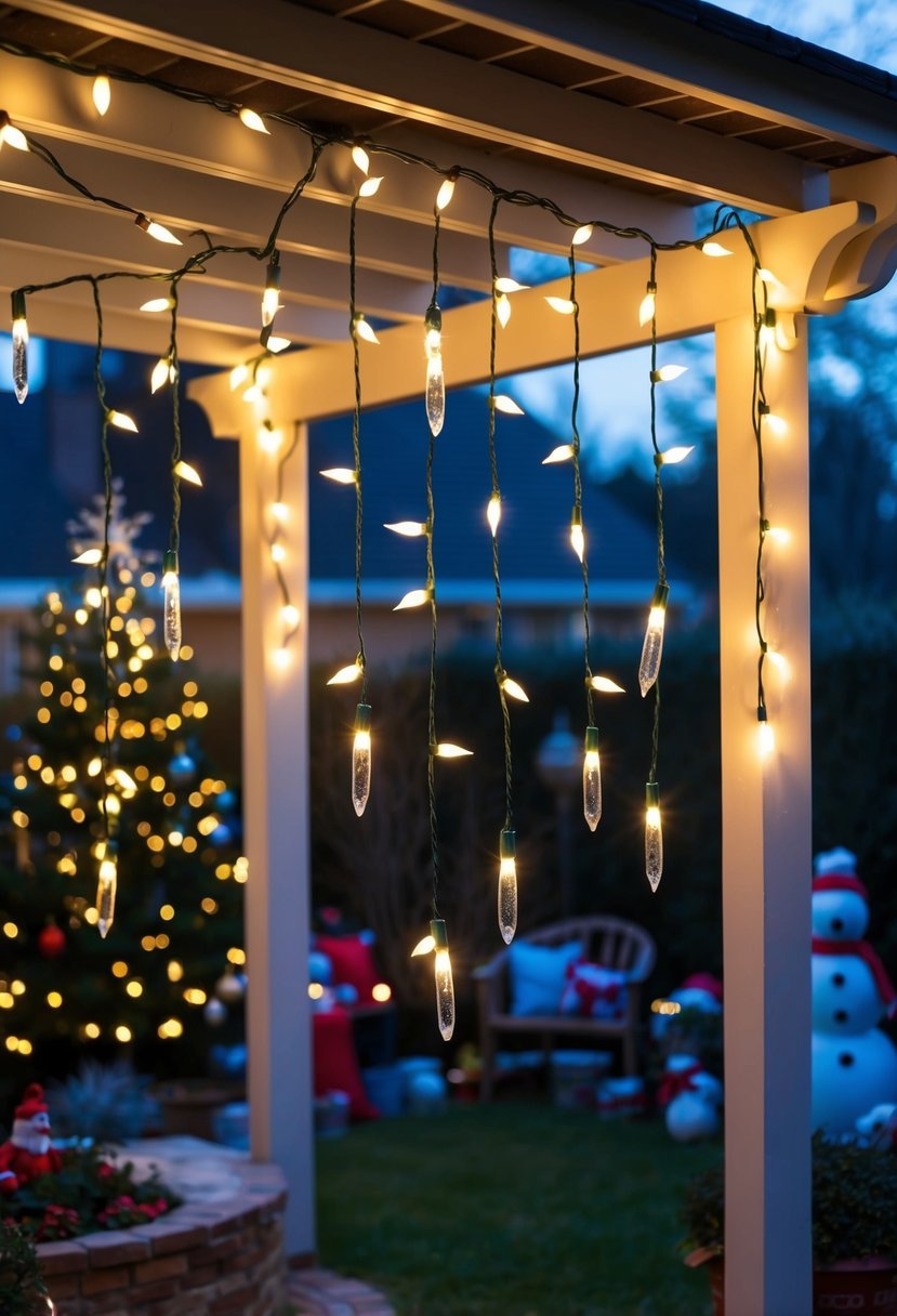 Icicle string lights hanging from a pergola, illuminating a cozy garden with various Christmas decorations scattered throughout