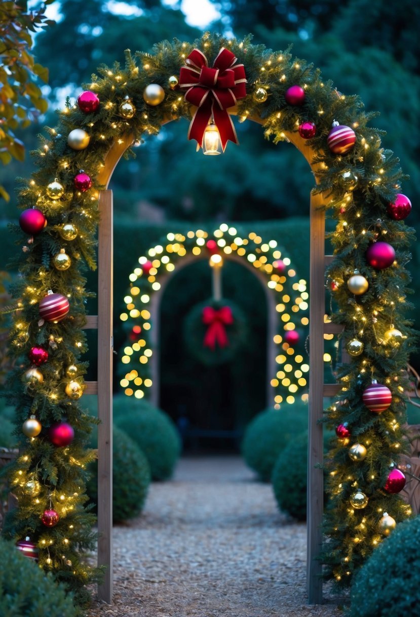 A garden arch adorned with festive holiday decorations, including twinkling lights, ornaments, and a wreath