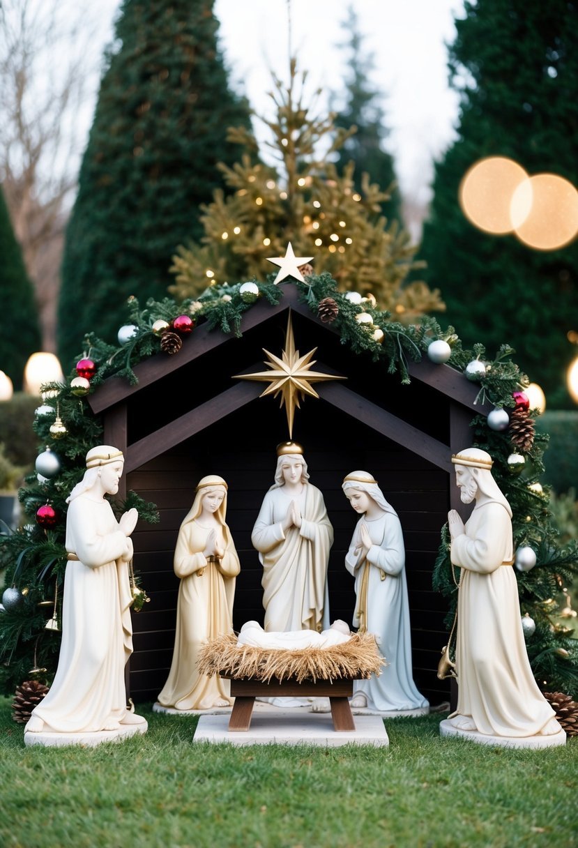 A serene nativity scene with statues amidst a garden adorned with Christmas decorations