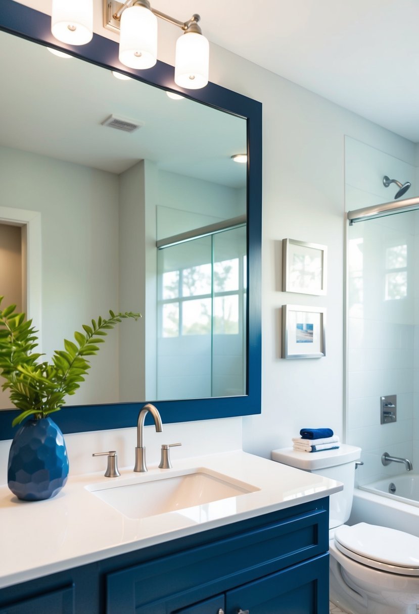 A modern bathroom with navy blue cabinets, white countertops, and silver fixtures. The room is well-lit with natural light and features a clean, minimalist design