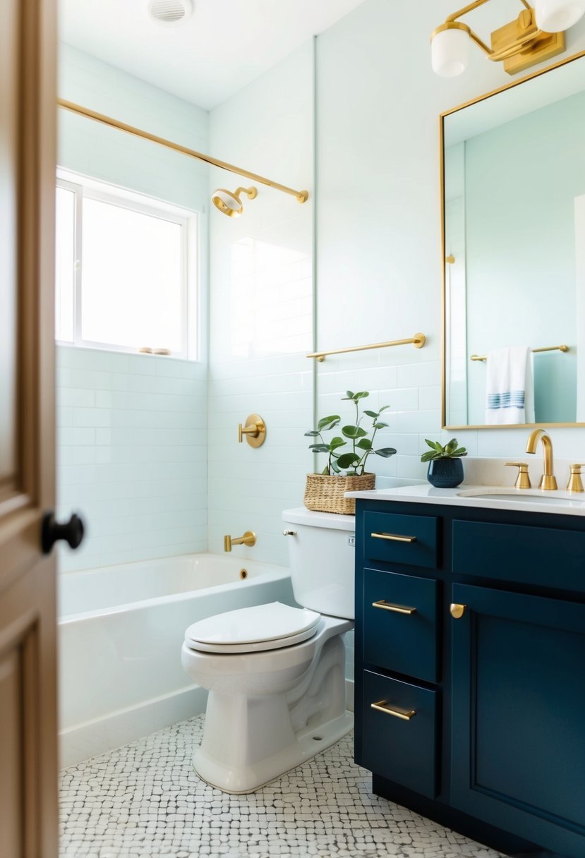 A bathroom with navy blue cabinets and gold hardware, bright and modern