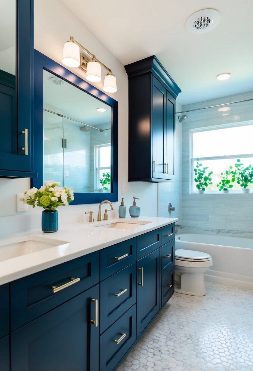 A modern bathroom with navy blue shaker-style cabinets, white countertops, and silver fixtures