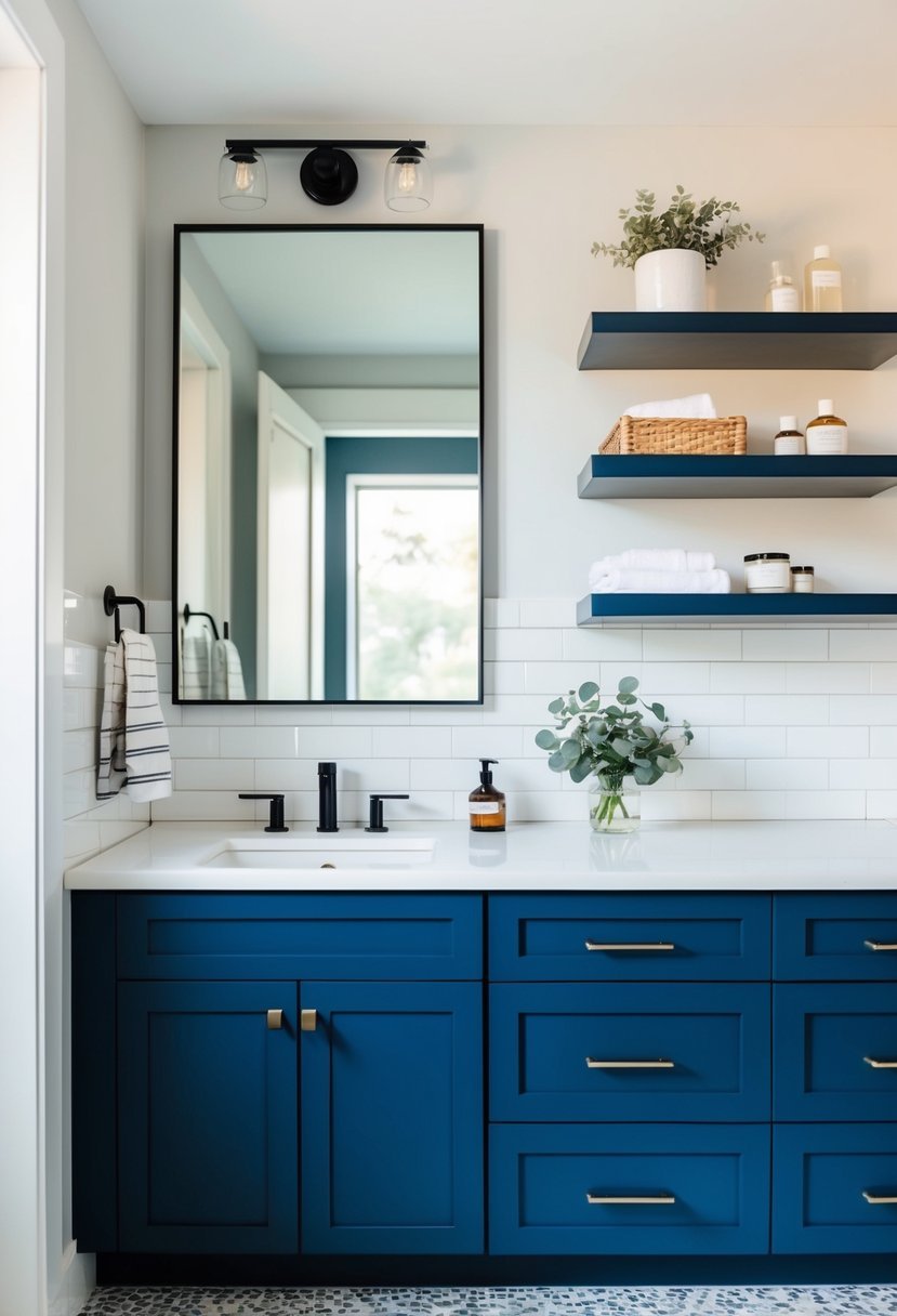 Navy blue cabinets with floating shelves in a modern bathroom