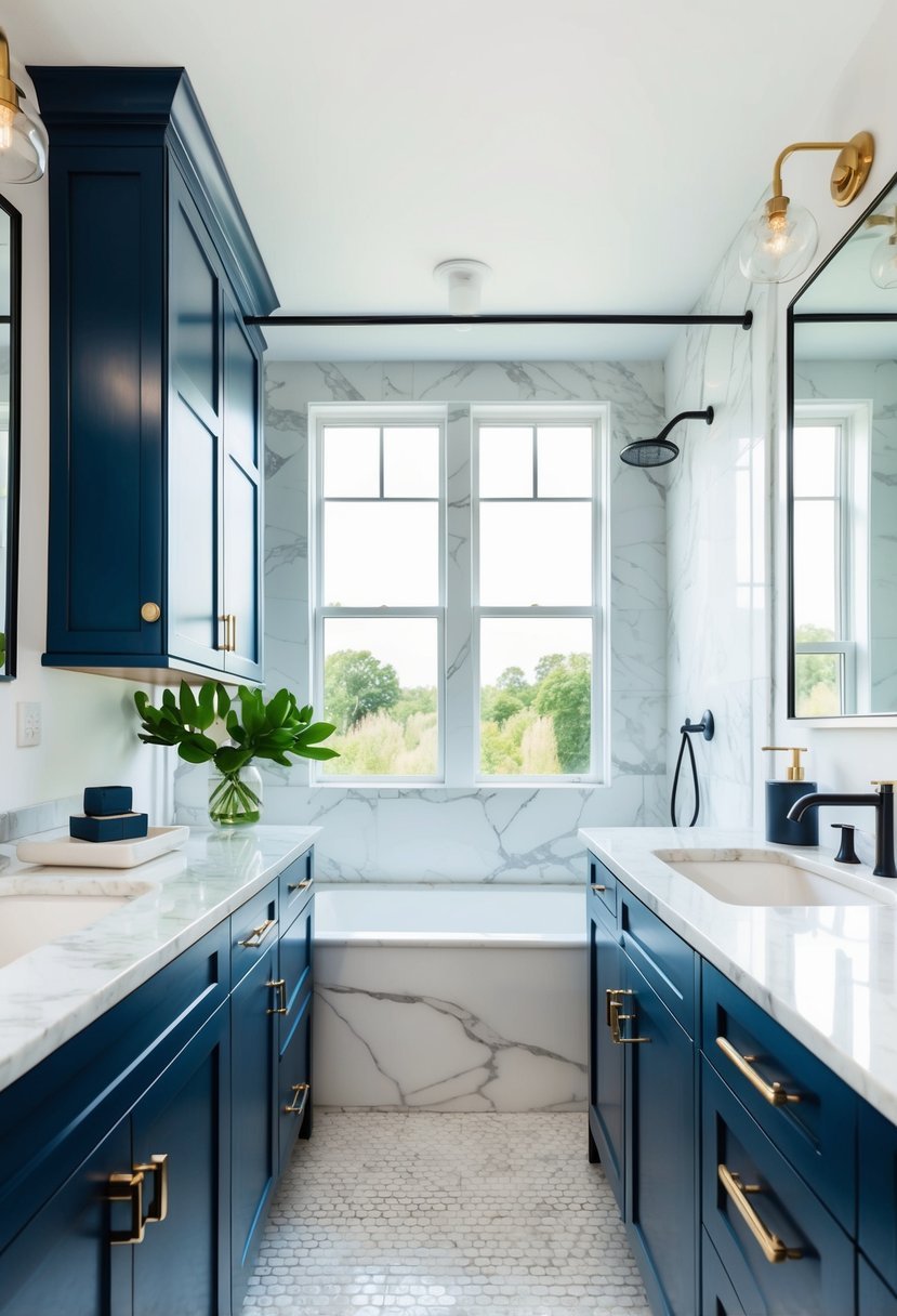 Navy cabinets with marble countertops in a modern bathroom