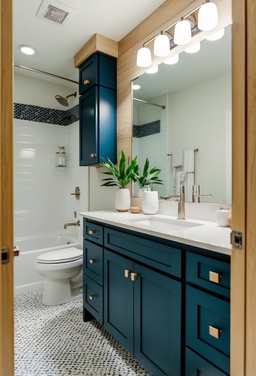 A modern bathroom with navy blue cabinets, light wood accents, and sleek fixtures