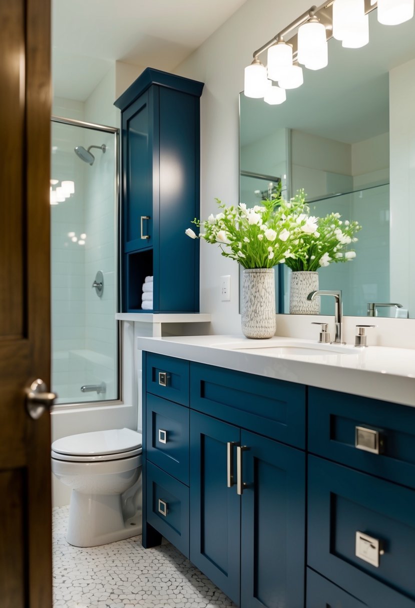 A modern bathroom with navy blue cabinets featuring glass fronts and sleek hardware