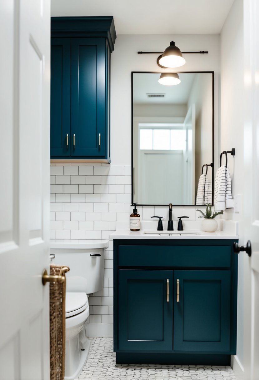 A bathroom with matte navy cabinets against white walls