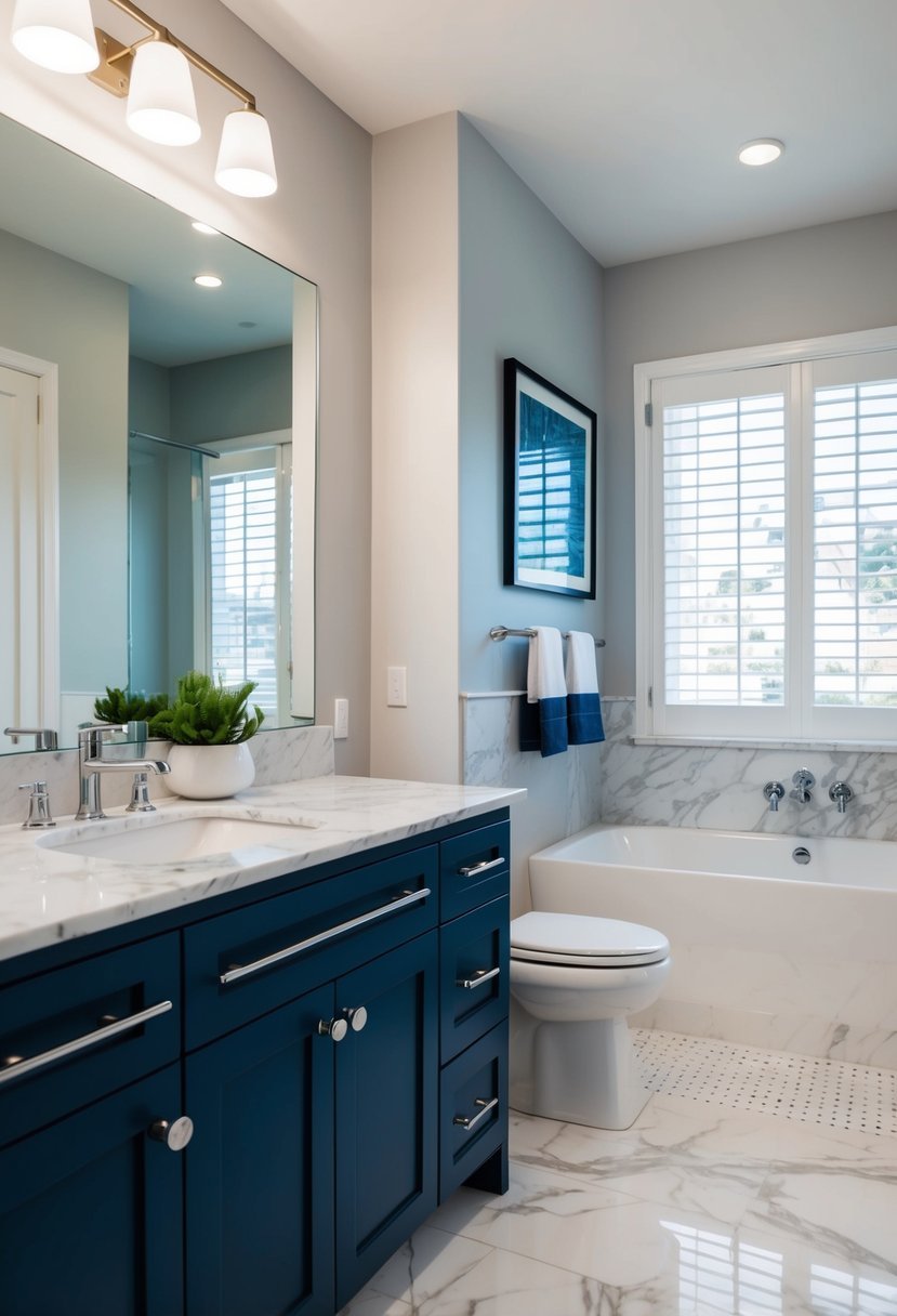 A modern bathroom with navy blue cabinets and Carrara marble countertops