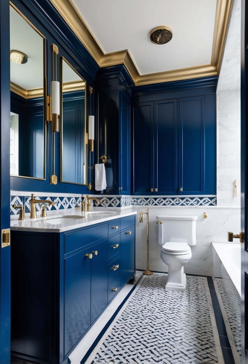 A luxurious Art Deco bathroom with navy blue lacquered cabinets, sleek brass fixtures, and geometric patterns on the walls and floor