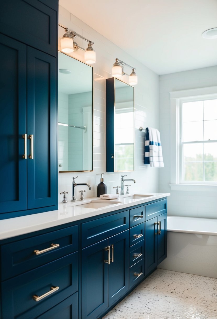 Navy cabinets with chrome faucets in a modern bathroom