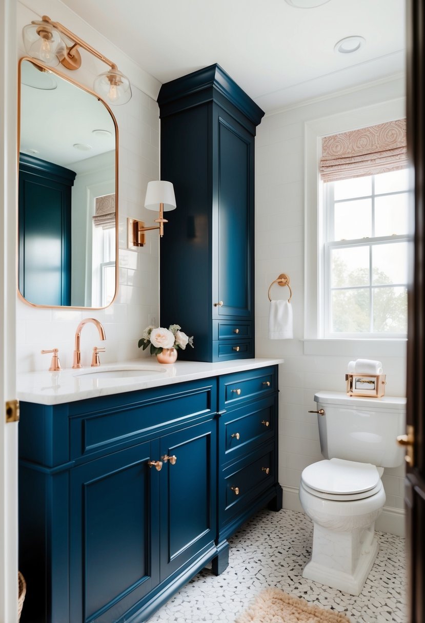 A luxurious bathroom with navy blue cabinets, rose gold accents, and elegant decor