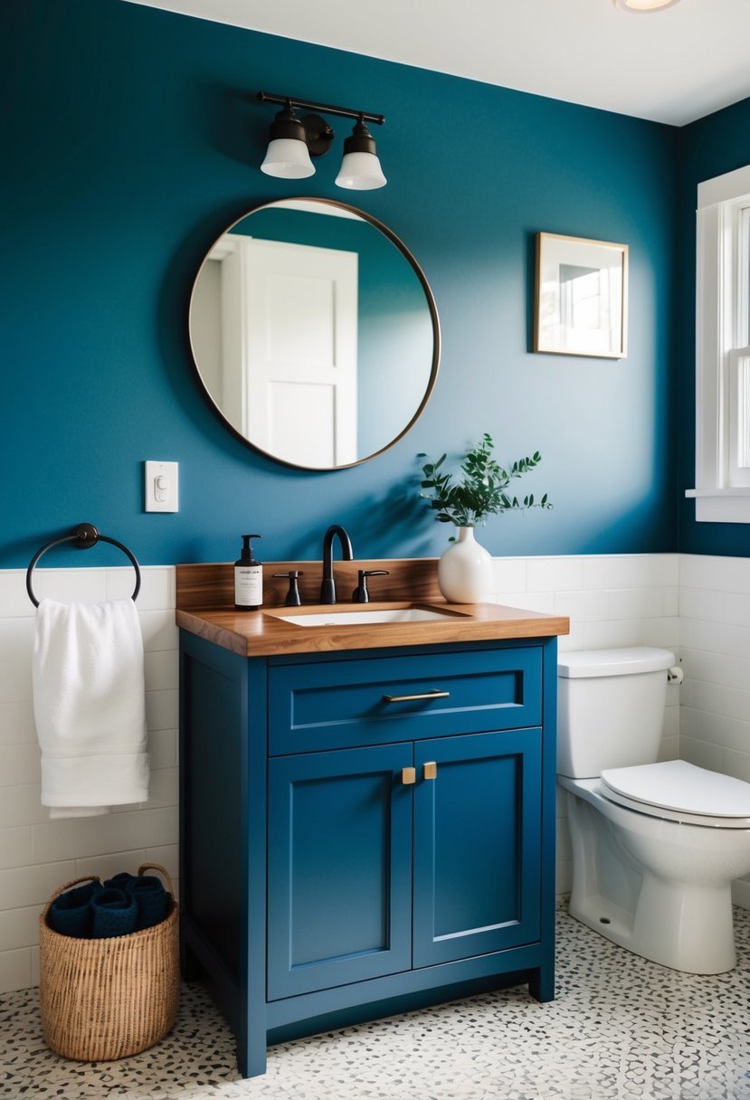 A navy blue cabinet with a wooden vanity top in a modern bathroom