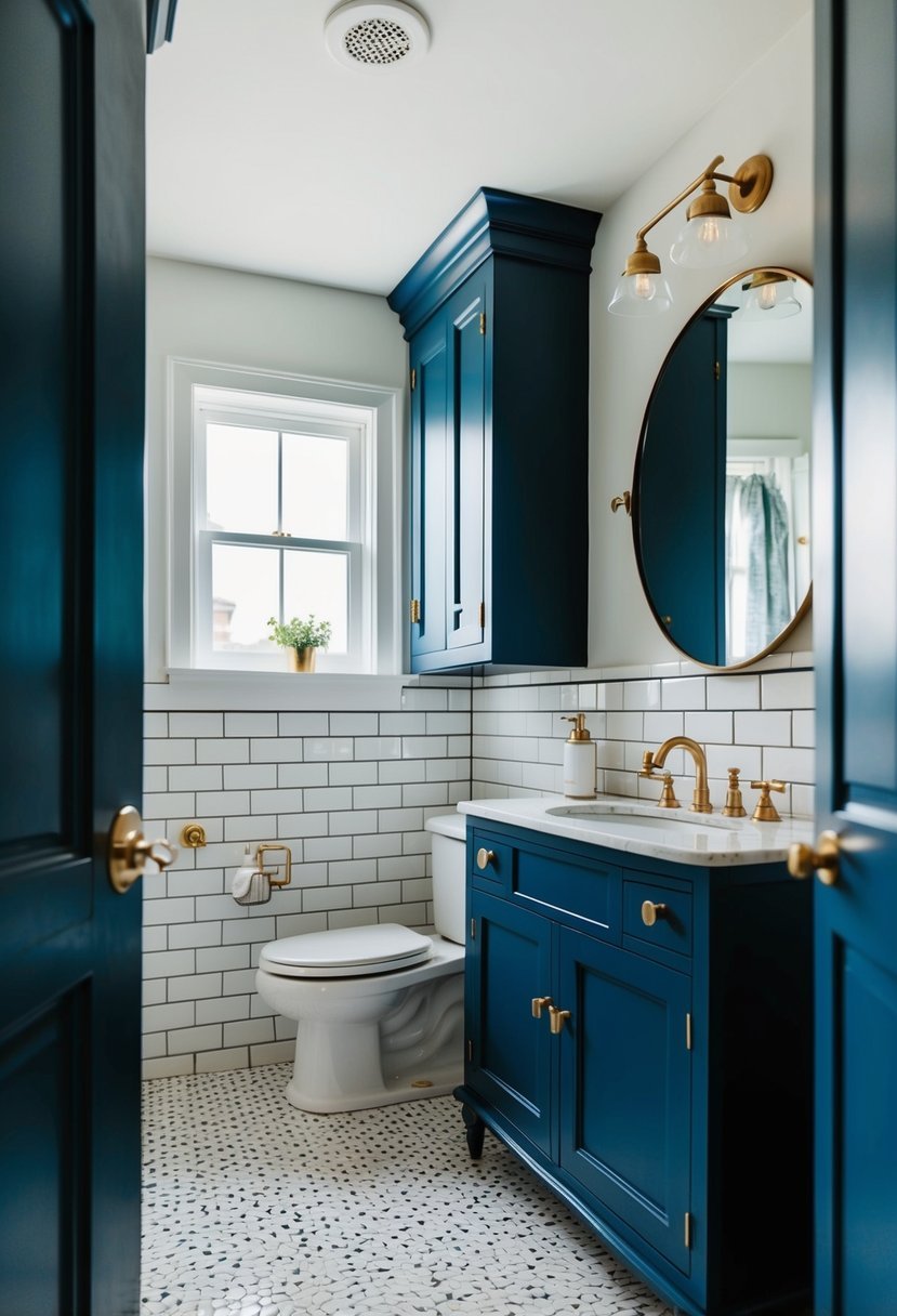 A vintage navy blue cabinet bathroom with subway tile and brass fixtures