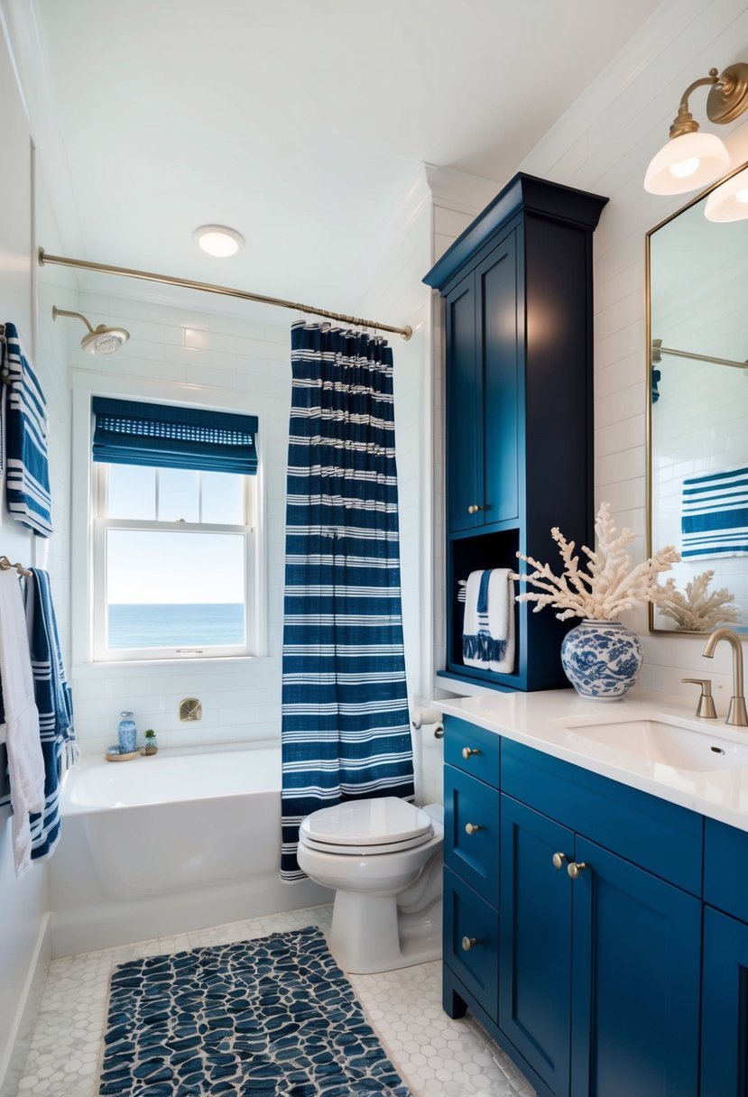 A coastal-themed bathroom with navy blue cabinets, white countertops, and sea-inspired decor