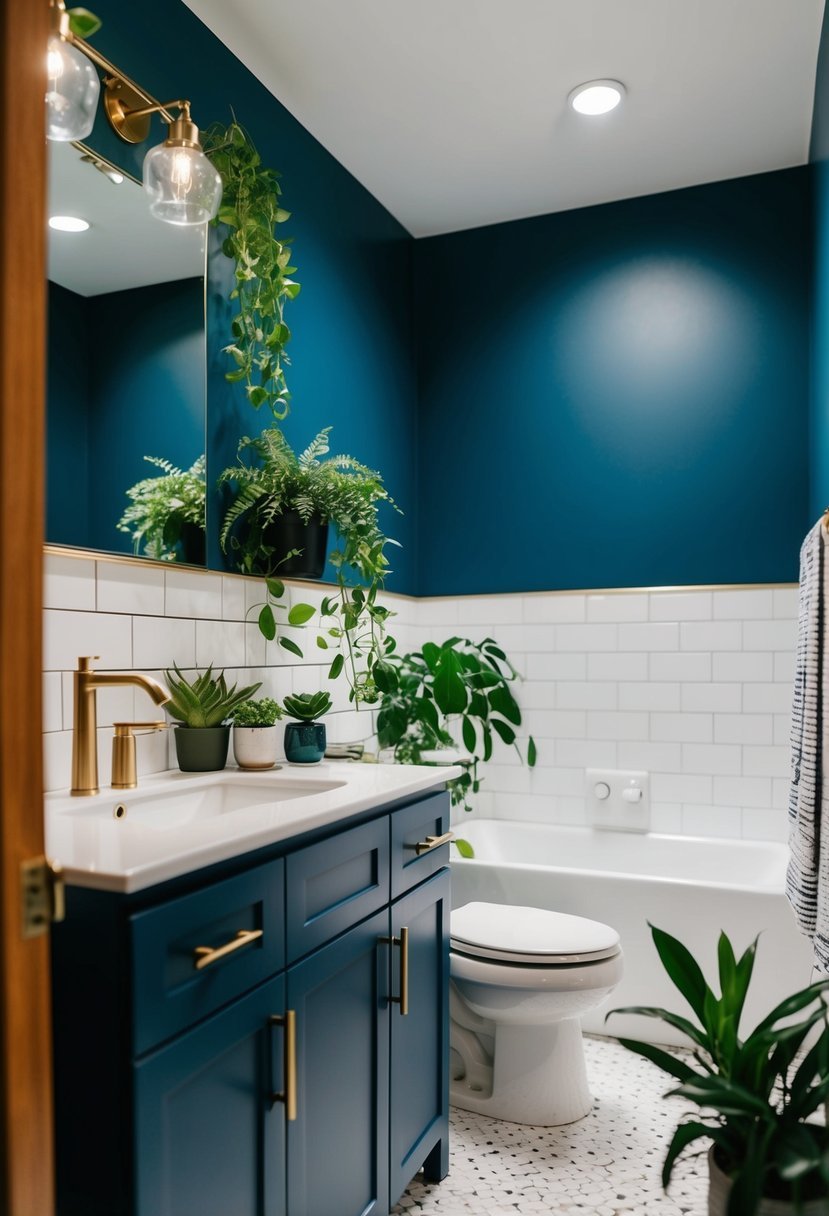 A bathroom with navy blue cabinets and various green plants scattered throughout the space