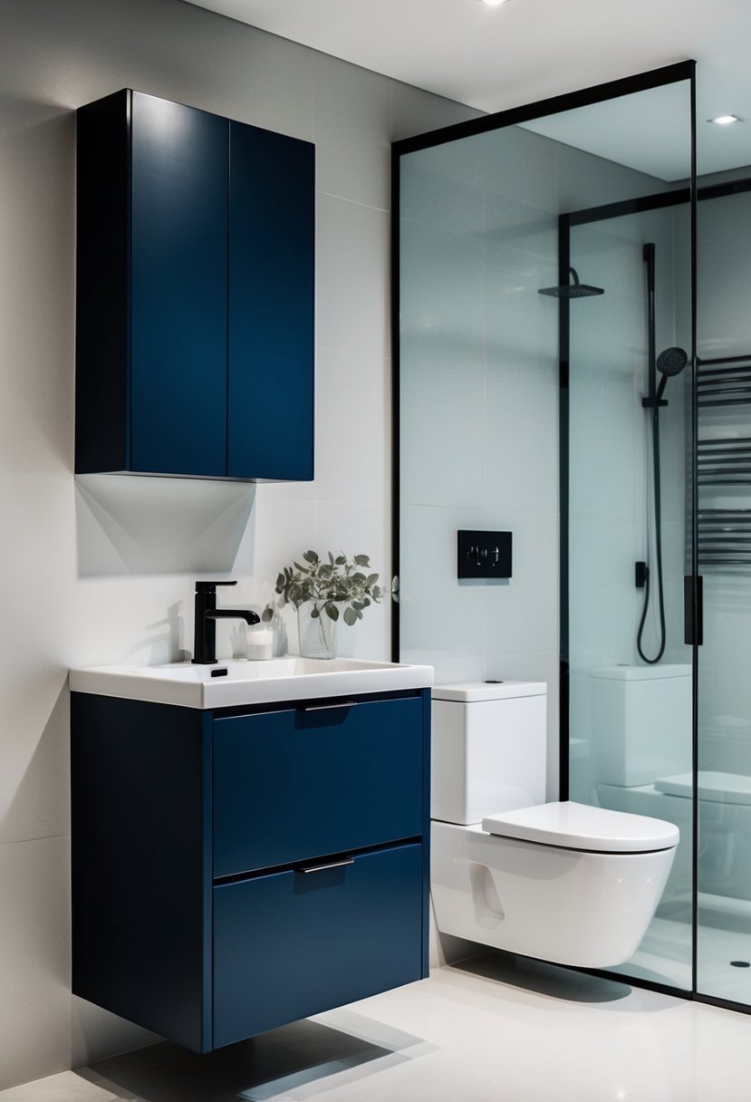 A sleek navy cabinet stands in a modern bathroom, with clean lines and minimalistic design