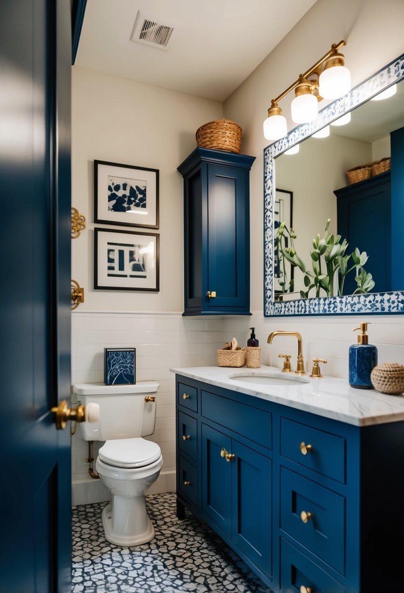 A bathroom with navy blue cabinets, eclectic decor, and unique fixtures