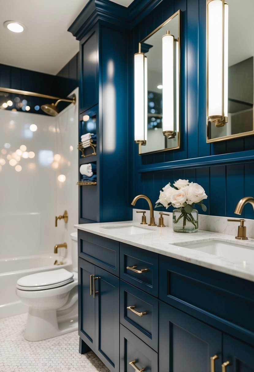 Navy cabinets with wall-mounted faucets in a modern bathroom