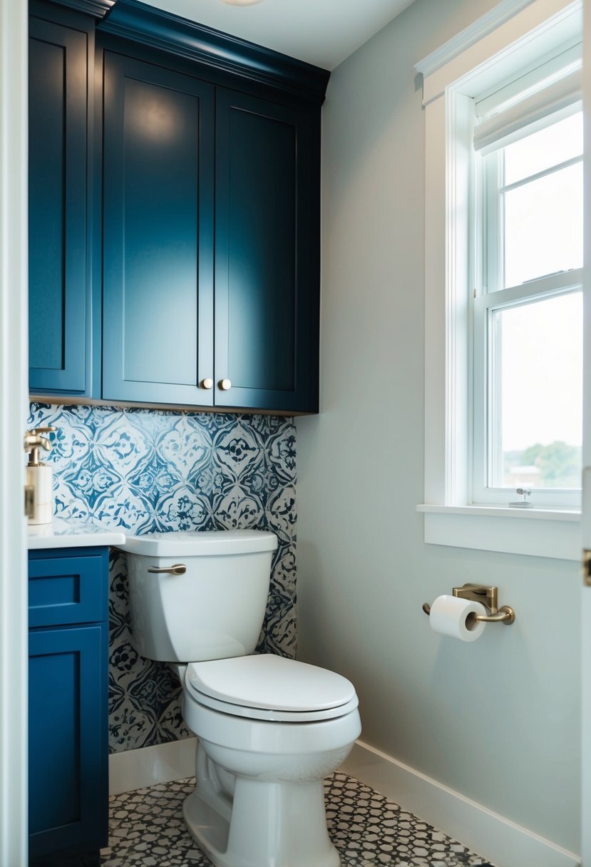 A bathroom with navy cabinets and patterned tile