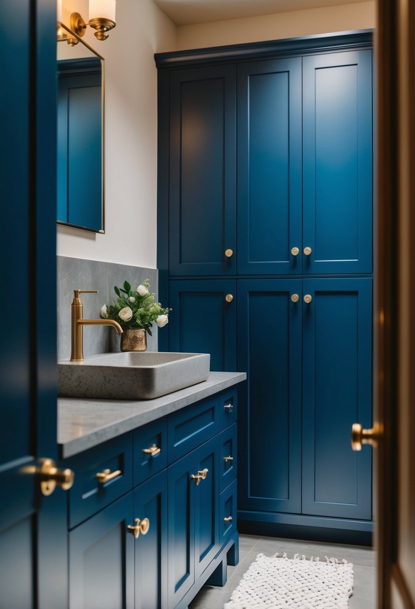 A rustic navy blue bathroom with a stone sink and navy blue cabinets