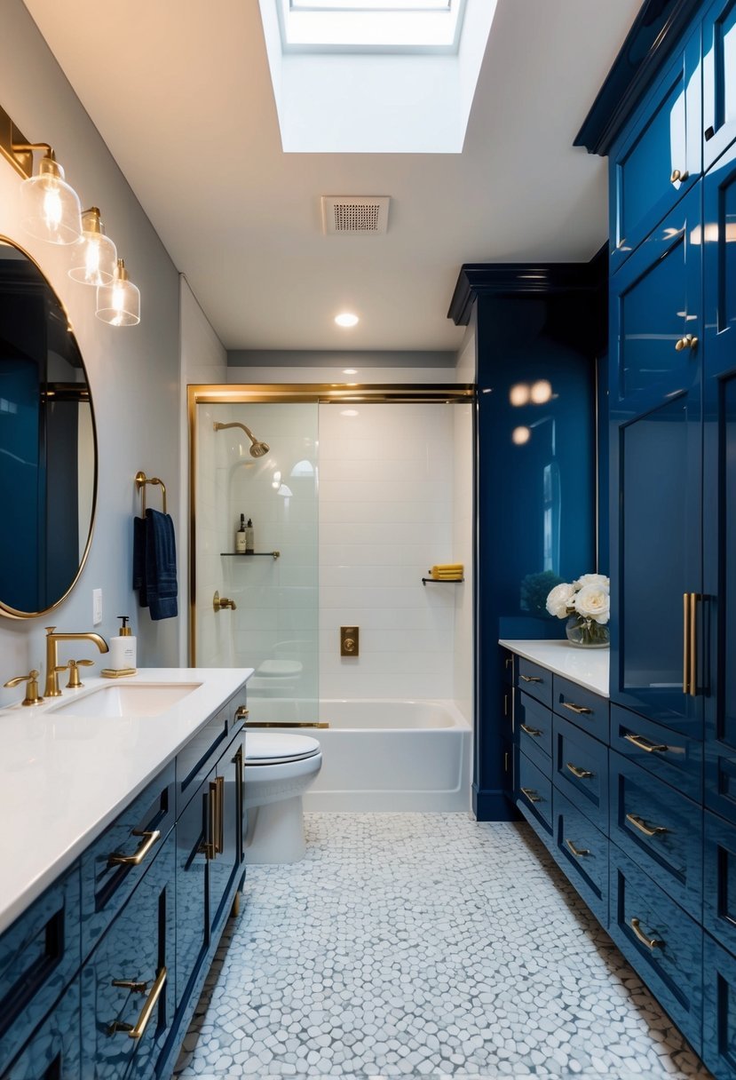 sleek, modern bathroom with navy blue cabinets and a high gloss finish