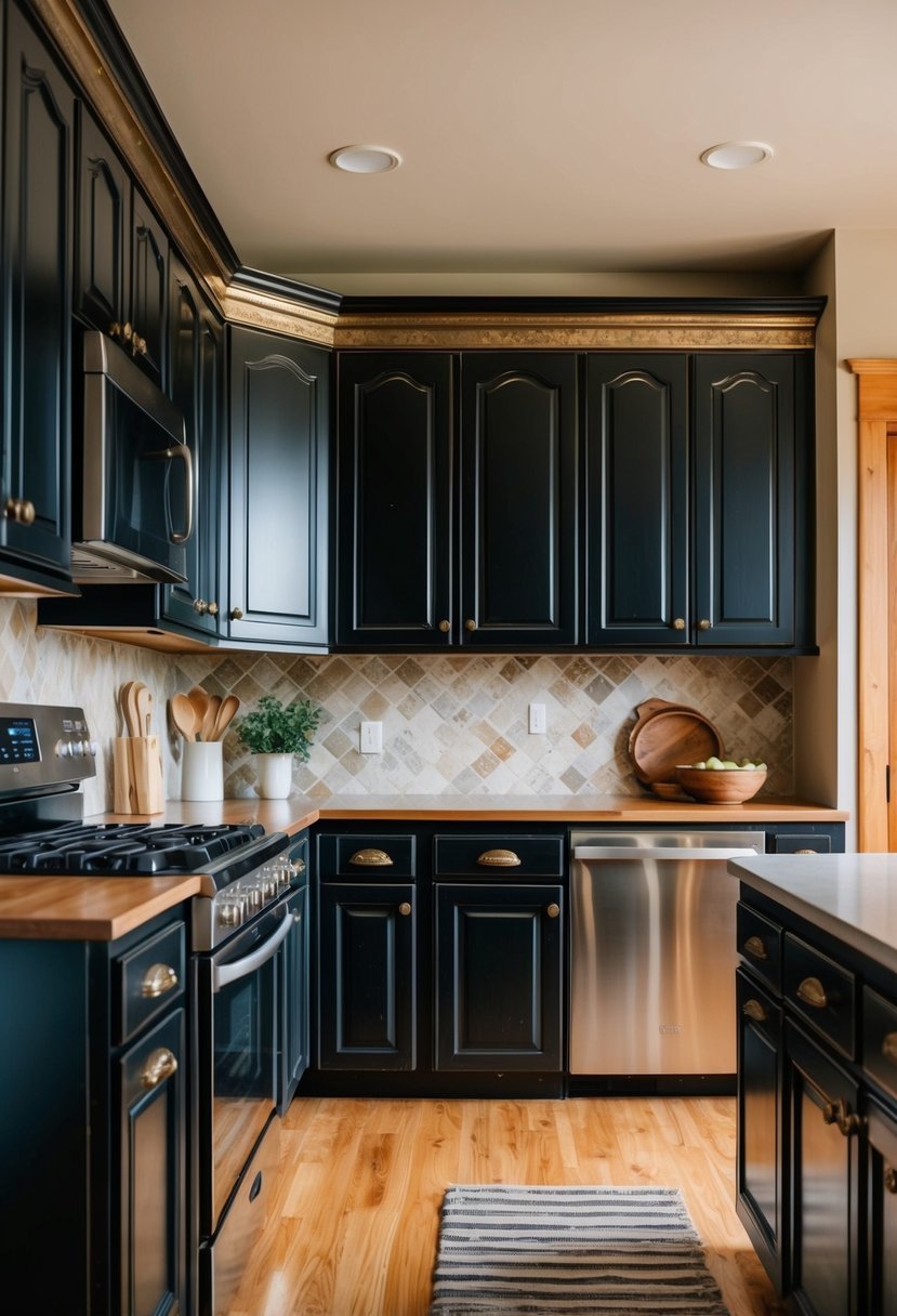 Vintage-Inspired Black and Bronze Upper Cabinetry