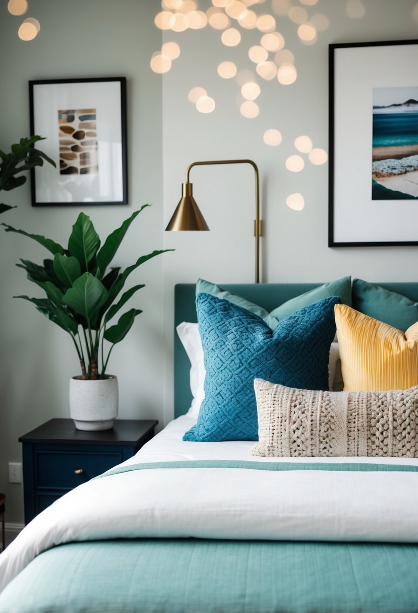 A cozy bedroom with a new color scheme, fresh bedding, and decorative pillows. A potted plant sits on a nightstand, and artwork adorns the walls