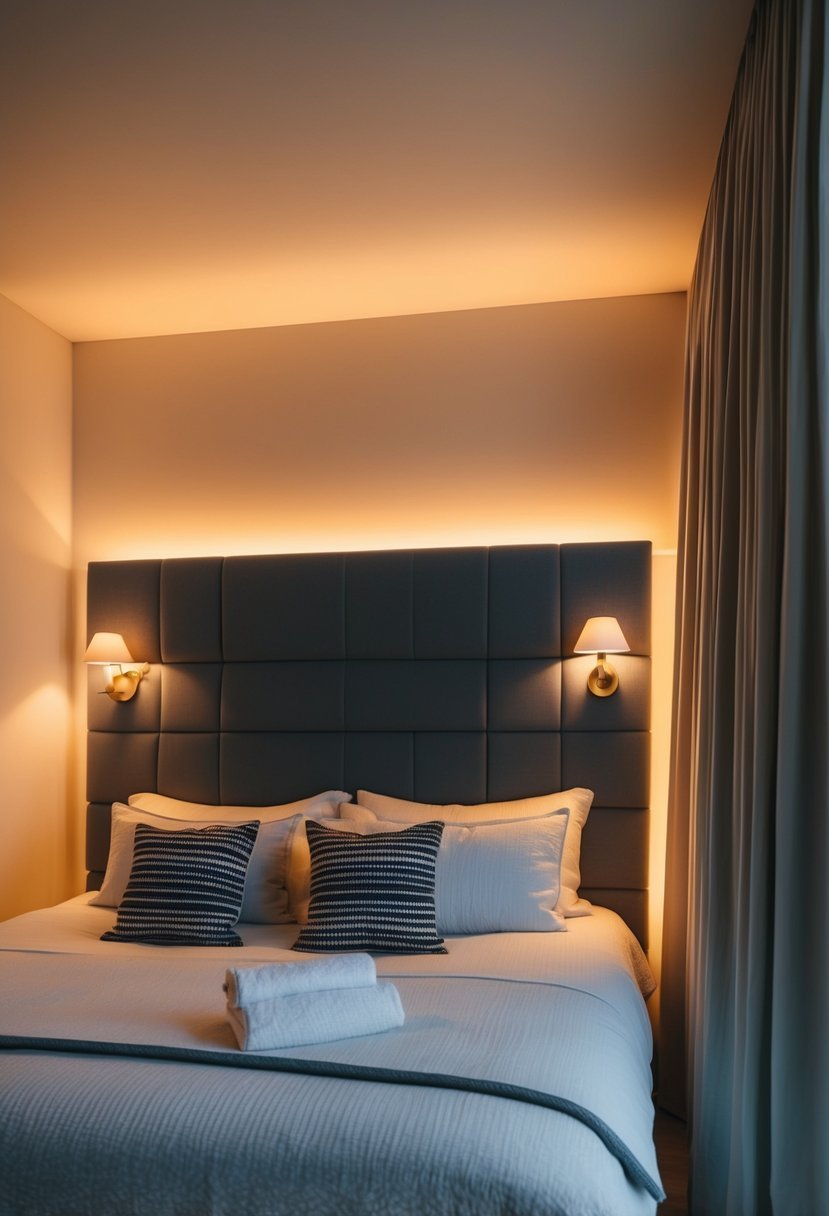 A cozy bedroom with smart lighting installed, creating a warm and inviting atmosphere