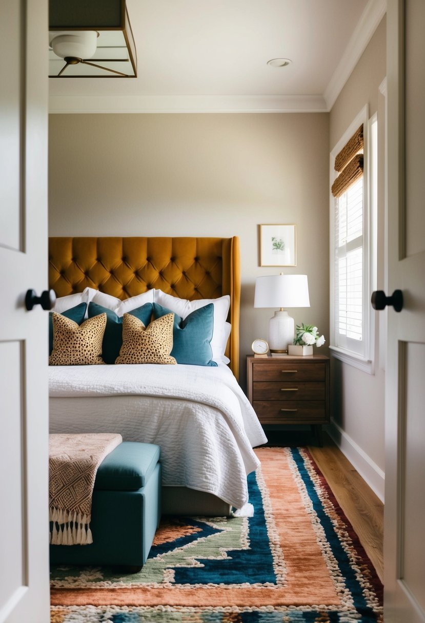 A cozy bedroom with a bold statement rug as the focal point, adding color and texture to the space