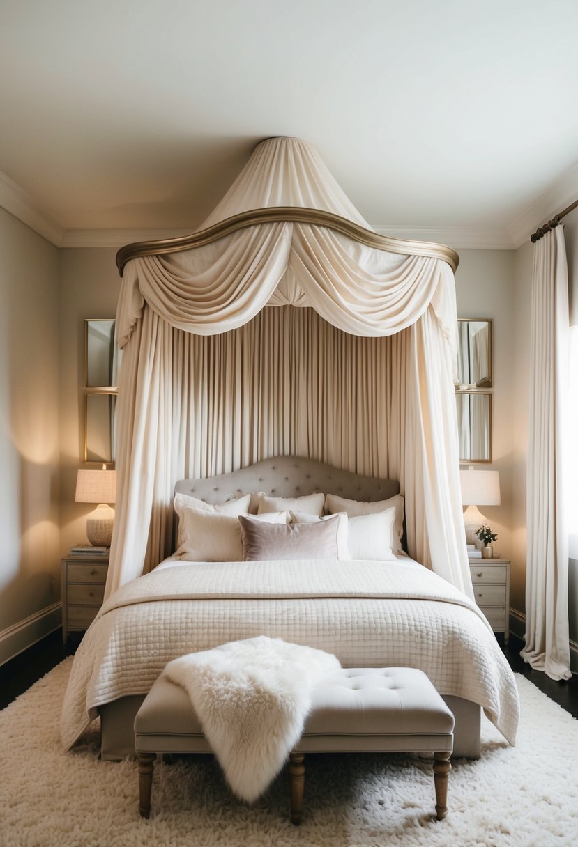 A cozy bedroom with a luxurious canopy bed as the focal point, surrounded by soft, neutral tones and plush textures for a relaxing atmosphere