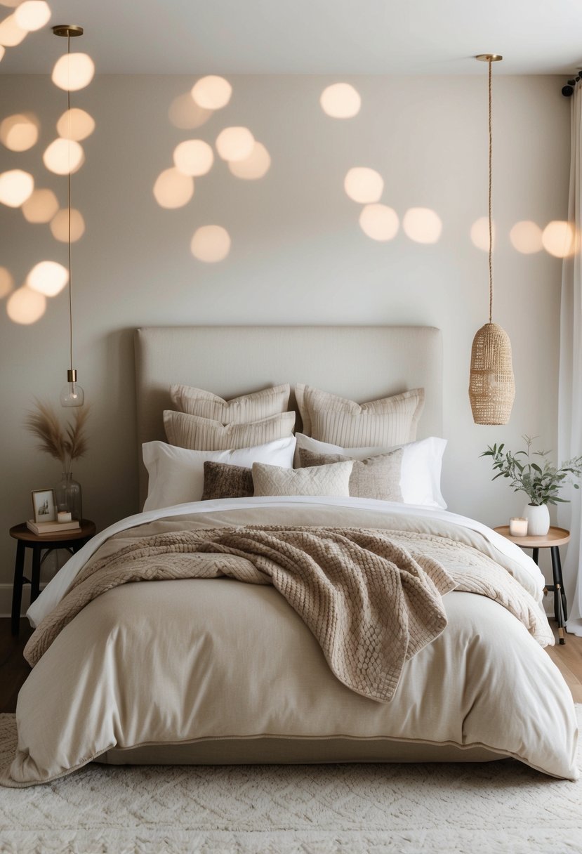 A cozy bedroom with layered bedding in soft, neutral tones. A mix of textures and patterns adds depth and warmth to the space