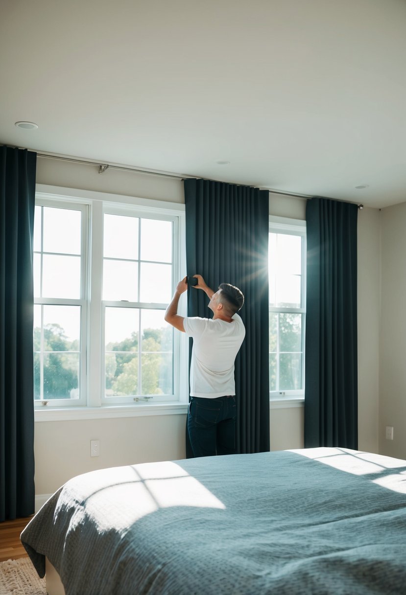 A bedroom with sunlight streaming in through the window, where a person is installing blackout curtains to refresh the space