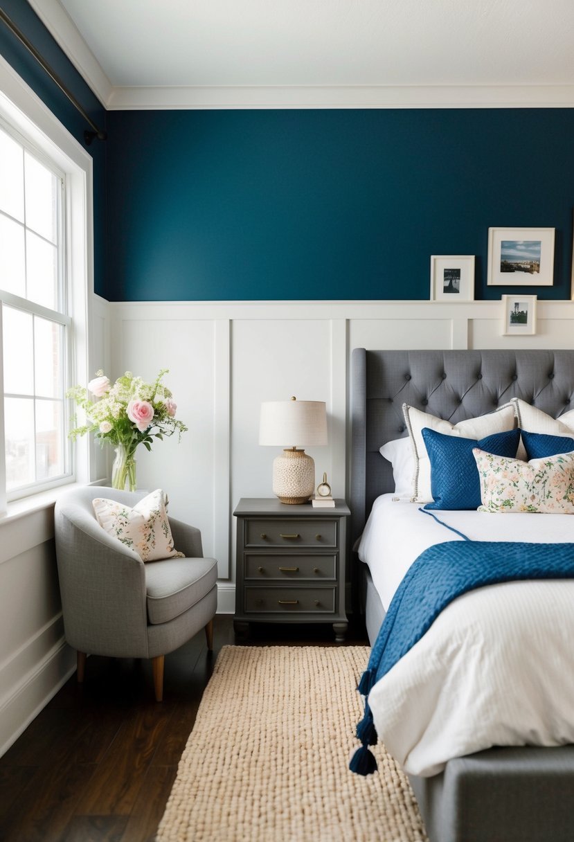 A cozy bedroom with a freshly painted accent wall, new bedding, and decorative pillows. A vase of fresh flowers sits on the bedside table