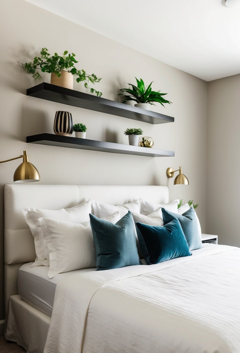 A bedroom with neutral walls and a bed with crisp white linens. Above the bed, three floating shelves are mounted, displaying decorative items and plants