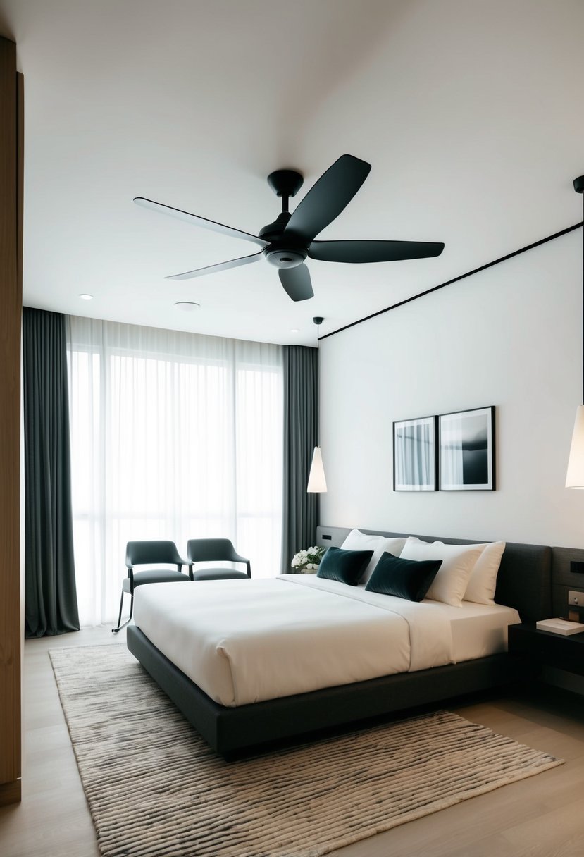 A modern bedroom with a sleek ceiling fan, clean lines, and minimalistic decor