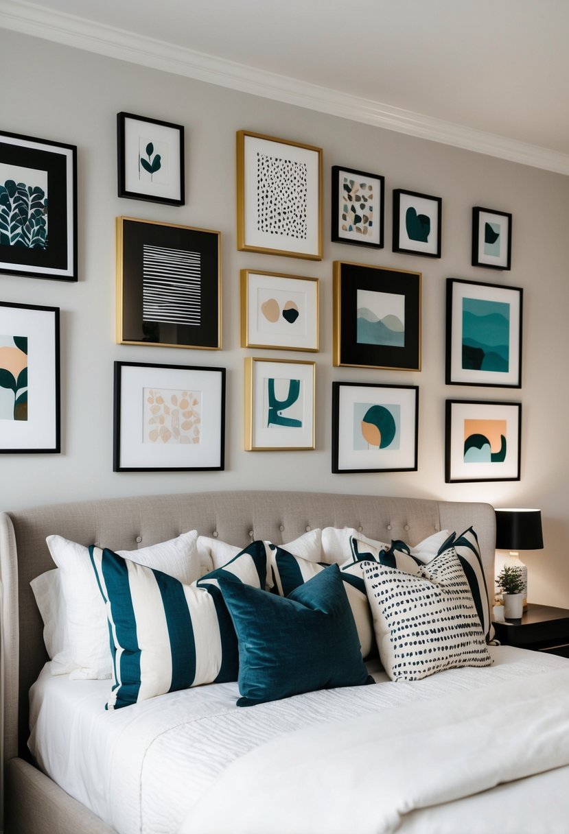 A cozy bedroom with a gallery wall of 21 art pieces in various sizes and frames, creating a stylish and refreshing atmosphere