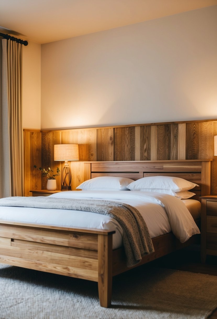 A cozy bedroom with wooden bed frame, nightstands, and accent wall. Warm lighting and natural textures create a serene atmosphere