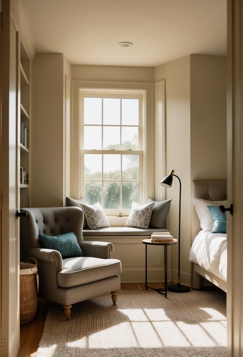 A cozy reading nook nestled in the corner of a sunlit bedroom, complete with a plush armchair, a small side table, and a floor lamp for late-night reading sessions