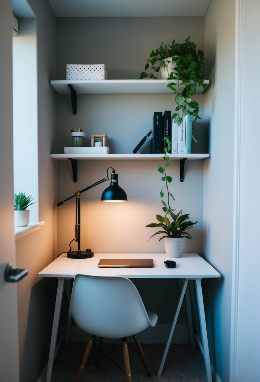 A cozy bedroom corner with a desk, chair, and shelves. A small potted plant adds a touch of greenery to the workspace