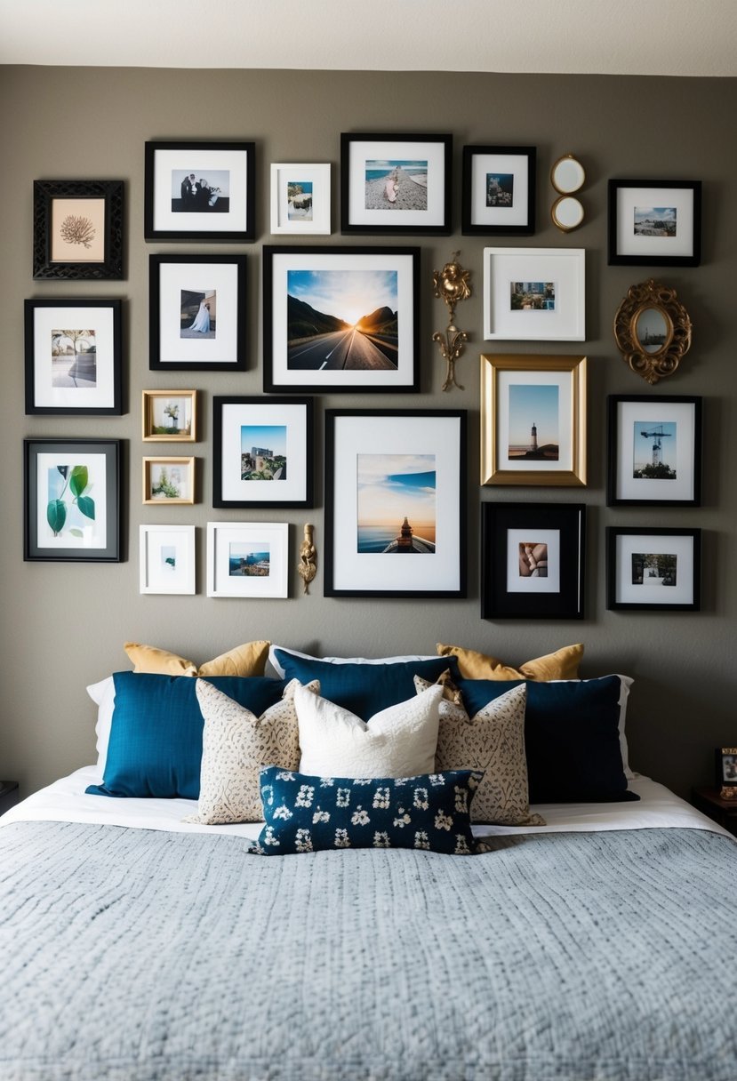 A bedroom wall adorned with an eclectic mix of framed artwork, photographs, and decorative objects arranged in a visually appealing gallery wall display