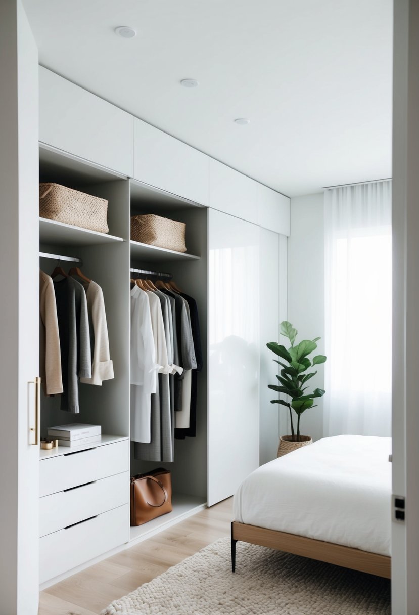 A simple, clutter-free bedroom with a capsule wardrobe neatly organized in a sleek, modern closet. A few carefully chosen decor pieces add a touch of elegance to the minimalist space