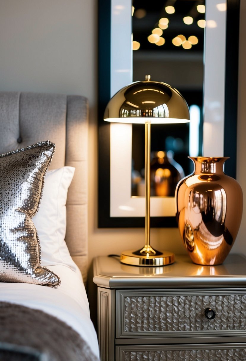 A cozy bedroom with metallic accents: a shimmering silver throw pillow on a plush bed, a sleek gold lamp on a nightstand, and a glimmering copper vase on a dresser